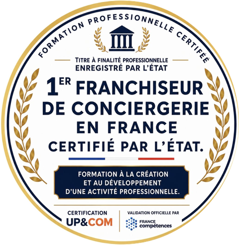 First concierge franchisor in France certified by the French State, UP&COM certification and France Comp&eacute;tences validation